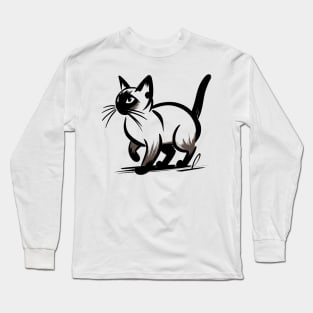 Stick figure Siamese cat in black ink Long Sleeve T-Shirt